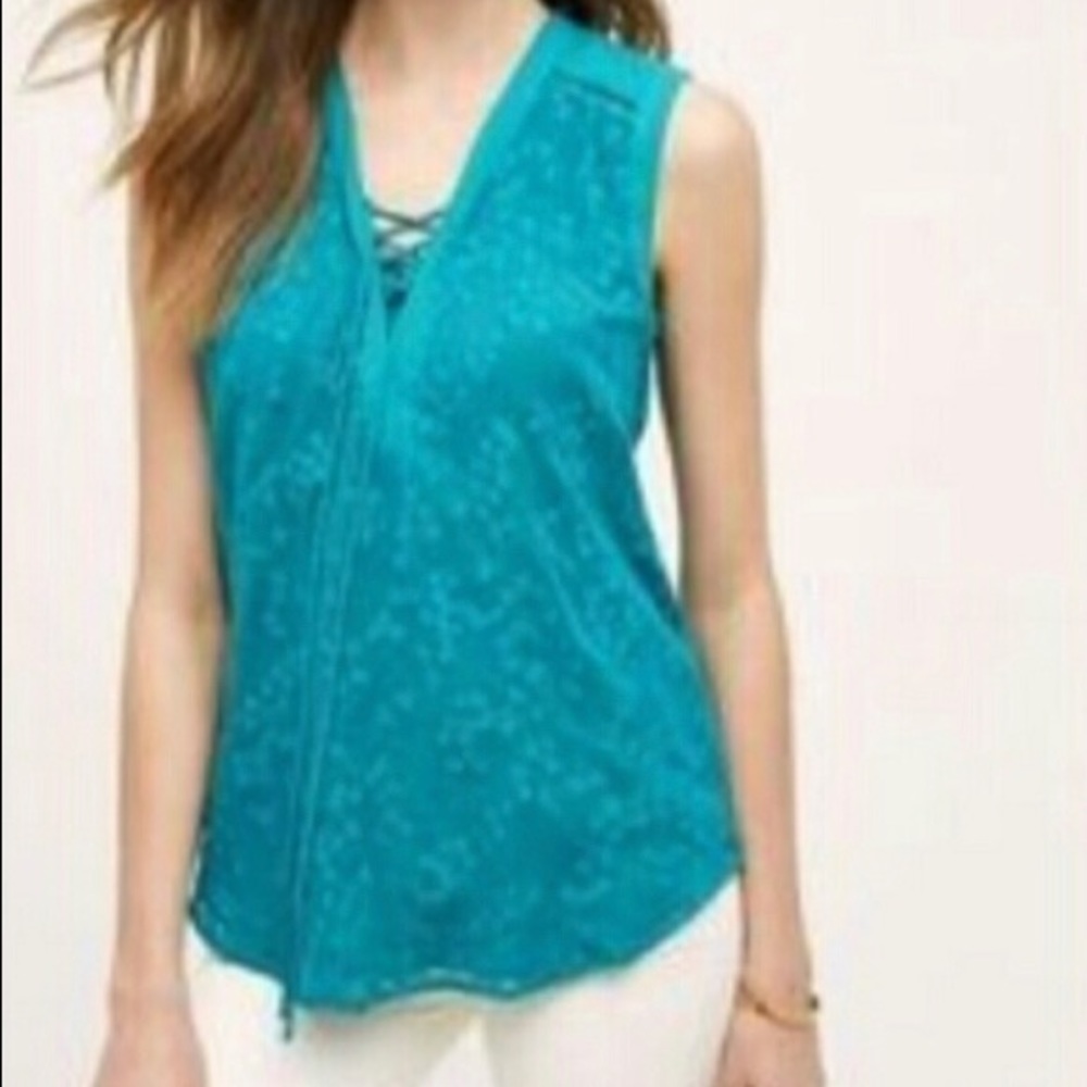 Anthropologie Maeve Teal Lace Up sleeveless top, embroidered. Size 0